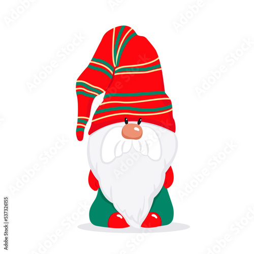 A bearded cute gnome in a red cap, a fairy-tale Christmas character. Vector illustration in flat style.