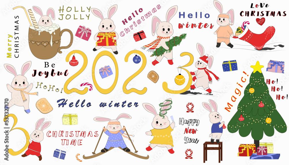 Set of New Year's rabbits. Collection of Christmas bunnies. 2023 is the year of the rabbit. Vector illustration