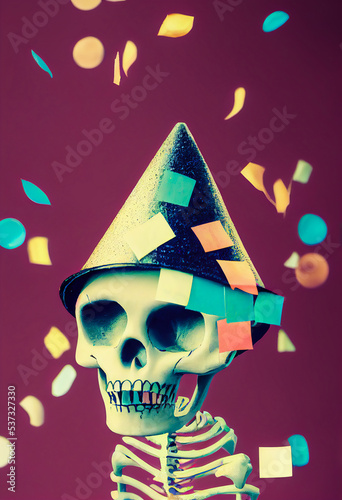 Halloween poster or flyer, skeleton with a party hat