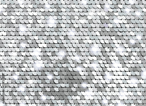 Glittering silver sequined fabric texture. Sequined shining scales. Glamor metallic Background vector photo