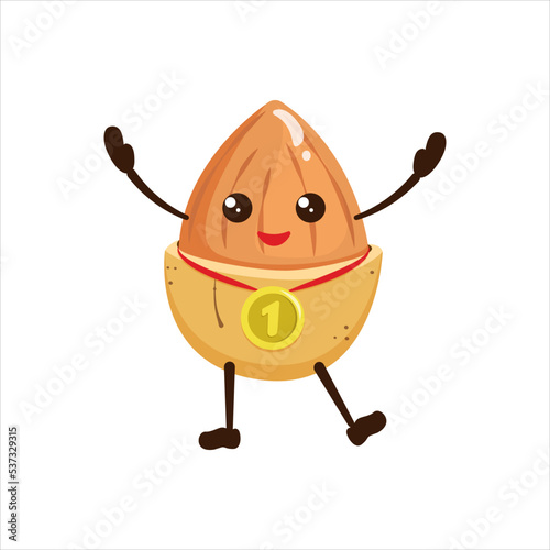 Kawaii almond with winner medal. Cartoon illustration of an athlete nut. Fitness food