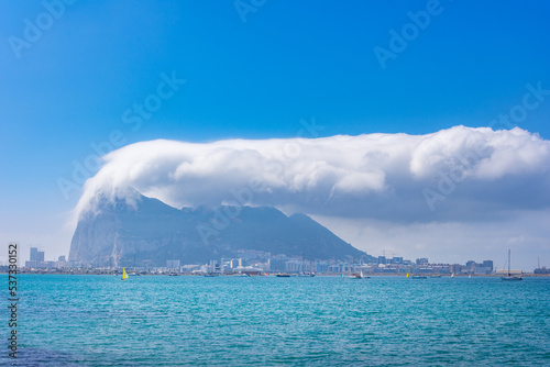 The rock of Gibraltar under clouds.