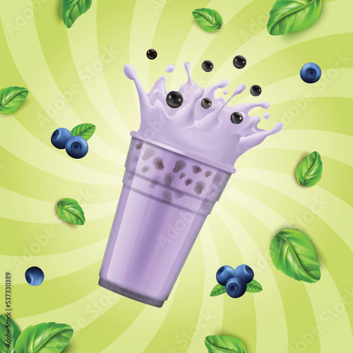 Realistic Detailed 3d Blueberry Bubble Tea Ads Banner Concept Poster Card with Splashing Milk and Green Leaves. Vector illustration