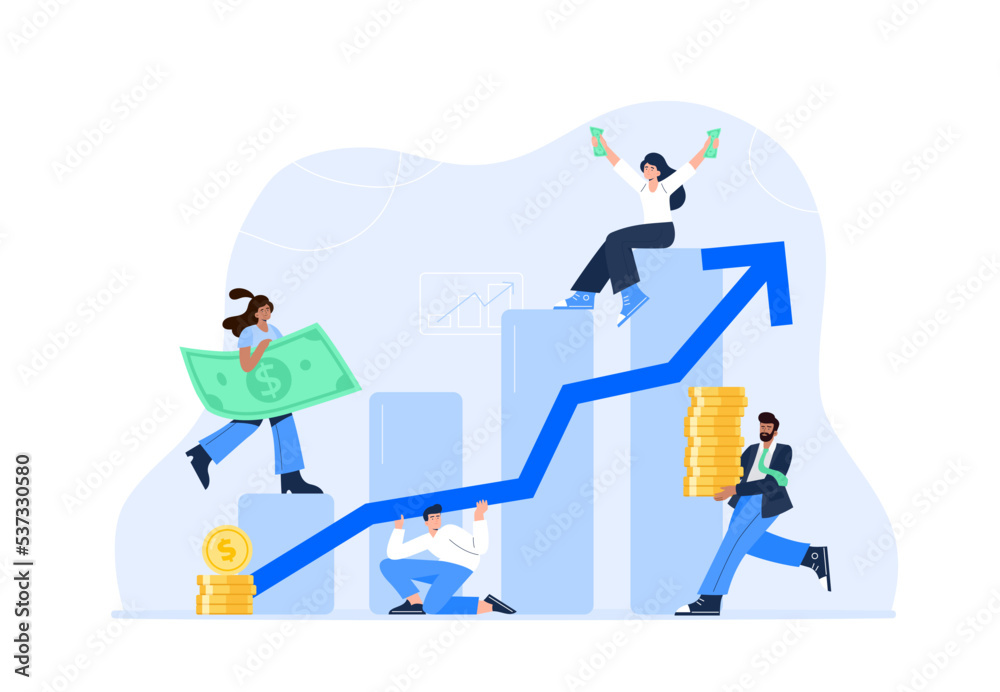 Economic growth concept. The stock market grows up, profits, and successful investing. Happy young people earn and save money and invest earnings. Vector flat illustration with characters. Economic growth concept. The stock market grows up, profits, and successful investing. Happy young people earn and save money and invest earnings. Vector flat illustration with characters.