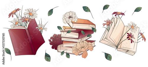 Set of vector illustration of books with flowers. Daisy flower. Stack of books, open book. Hand-drawn illustration for decoration of bookstore, library, card design, poster, banner.