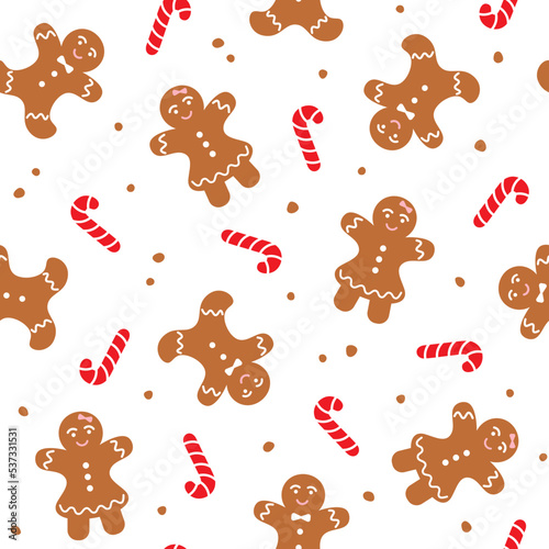 Christmas seamless pattern with gingerbread man and woman and candy canes on white background. Winter holiday theme. Vector illustration in flat style.
