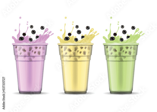 Realistic Detailed 3d Bubble Milk Tea Set. Vector illustration of Boba Drink with Tapioca and Splashing