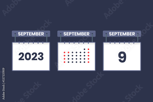 2023 calendar design September 9 icon. 9th September calendar schedule, appointment, important date concept.