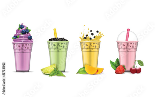 Realistic Detailed 3d Different Fruit Bubble Milk Tea Set with Mango, Lime and Strawberry. Vector illustration of Boba Drink