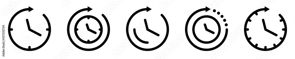 Conjunto de iconos de reloj. Flecha de rotación. Tiempo. Ilustración vectorial