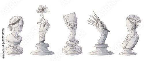 Set of vector illustration of sculptures. Woman bust statue. Sculpture of hand. Hand-drawn vector illustration of sculpture of hand with paintbrushes. For poster design, banner, card, art shop.