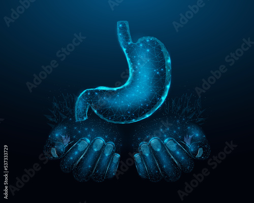 Two human hands are holds human stomach. Concept for medical, treatment of the digestive system.  Abstract modern 3d vector illustration on dark blue background.