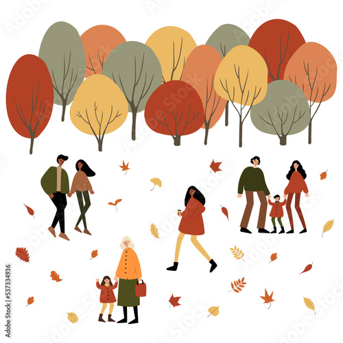 Fall city illustration, People walk in autumn park vector clipart, Cozy city street with houses in Scandinavian style and colorful trees png, Vector cityscape scenes, clip art in flat cartoon style.