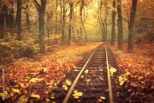 Railway in an orange autumn forest covered with orange leaves