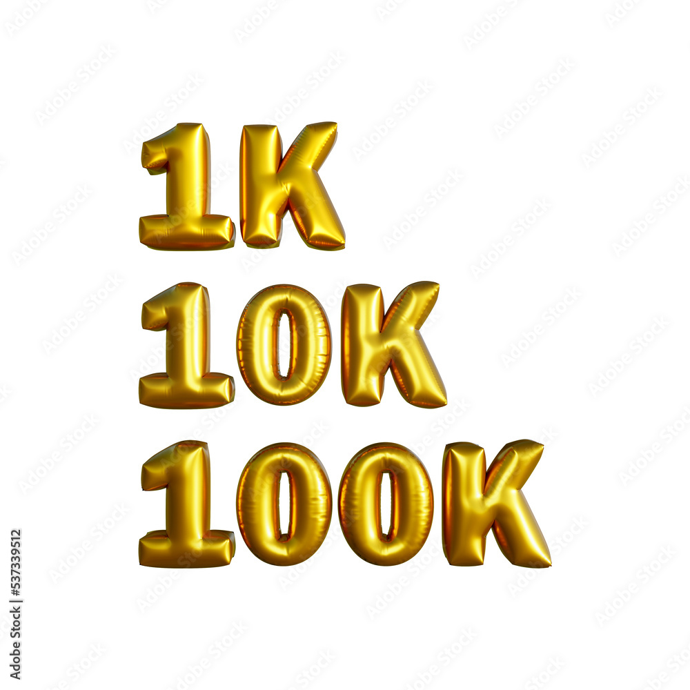 1k,10k, and 100k golden color foil balloon celebration design.3D rendering. 1k,10k, and 100k golden color foil balloon celebration design.3D rendering.
