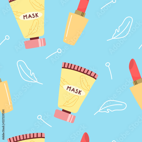 Cream, mask bottle, skin care cosmetic tube in cartoon style. Vector seamless pattern on blue background.