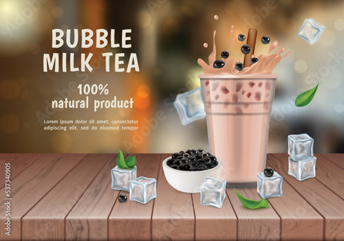 Realistic Detailed 3d Bubble Milk Tea Ads Banner Concept Poster Card. Vector illustration of Boba Drink