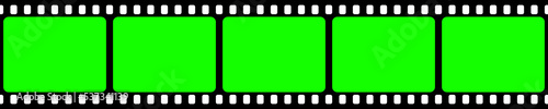 Realistic blank film strip, camera roll. Old retro cinema movie strip with green chroma key background. Analog video recording and photography. Visual effects compositing. Vector illustration