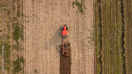 Tractor works the field. Photo from drone.