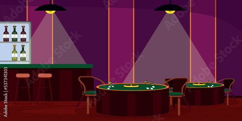 Vector illustration of modern interior casino. Cartoon interior with bar counter, alcohol, roulette tables, chips and cards.