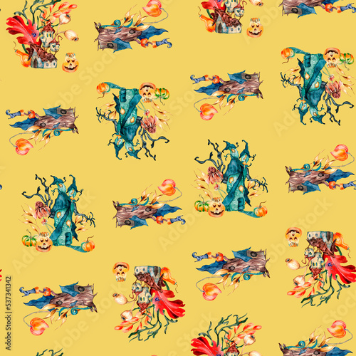 Wallpaper Mural Various cute haunted houses watercolor seamless pattern isolated on yellow. Torontodigital.ca