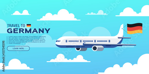 Travel to Germany poster with flying plane and national flag. Banner for travel agency. Vector illustration.