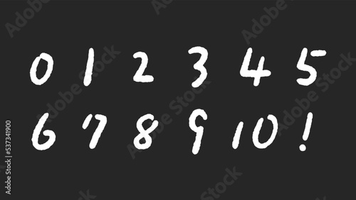 0から10までの手書きの数字と!マークのセット - きれいめな普段の文字･白

