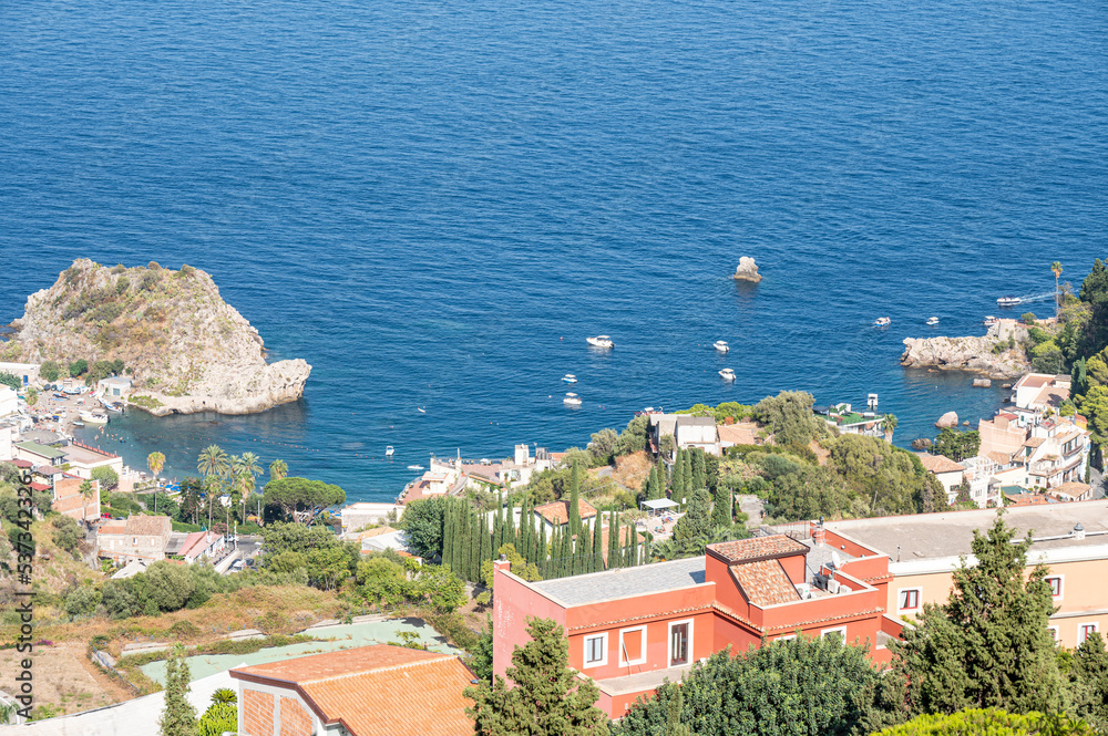 Aerial view of the beautiful coastline of Taormina