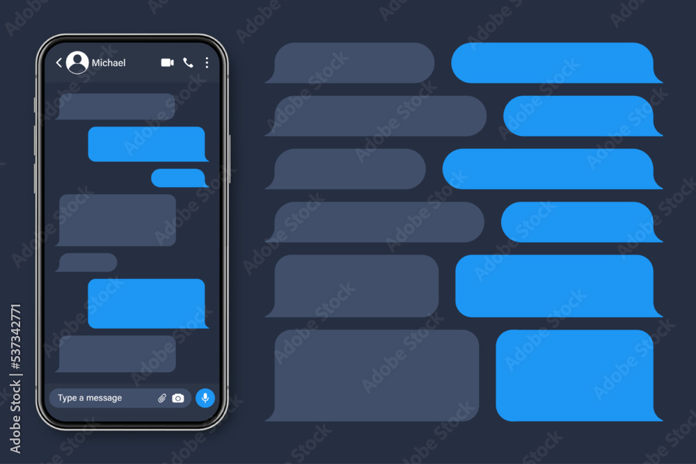Realistic smartphone with messaging app. Blank SMS text frame. Conversation chat screen with blue message bubbles. Social media application. Vector illustration. Realistic smartphone with messaging app. Blank SMS text frame. Conversation chat screen with blue message bubbles. Social media application. Vector illustration.