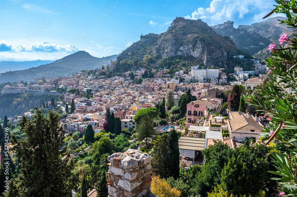 Aerial view of the historic center of Taormina