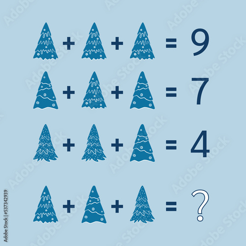 Math riddle. rebus for children and adults. find the answer. learning task, picture equations, Brain Teasers, christmas math, xmas math for kids, vector easy to recolor