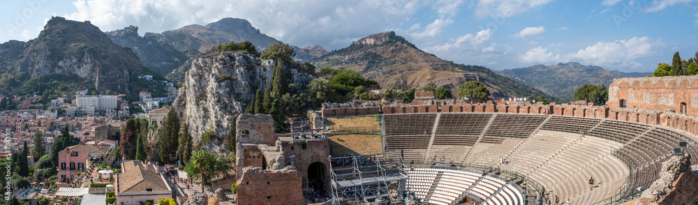 Extra wide angle view of the famous Greek theater of Taormina