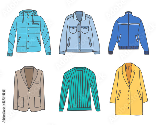 Winter clothing colorful doodle illustration collection in vector. Winter outwear clothes colorful icons collection in vector.