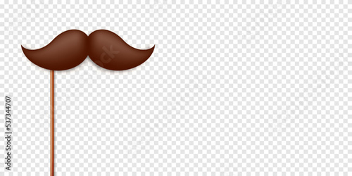 Realistic fake mustache on a wooden stick. Vintage paper mustache for carnival or holiday. Brown facial hair, hipster beard. Vector illustration