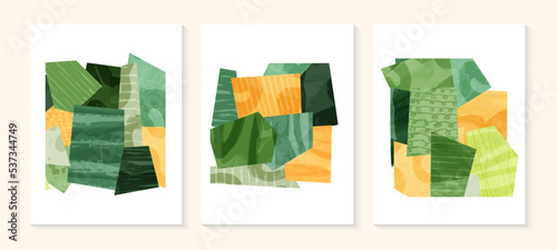 Patchwork collage abstract background vector illustration. Pattern with textured pieces, organic shape with scribble. Set of a4 vertical poster, contemporary backdrop collection, book cover decor