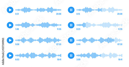 Voice message, social media chat conversation. Messaging app, music player, audio or video editor interface element. Voice assistant, recorder. Sound wave pattern. Vector illustration