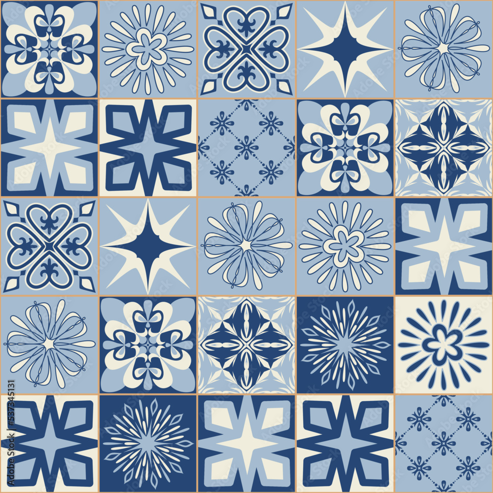 Spanish style blue ceramic tiles, symmetrical pattern for wall decoration, vector illustration