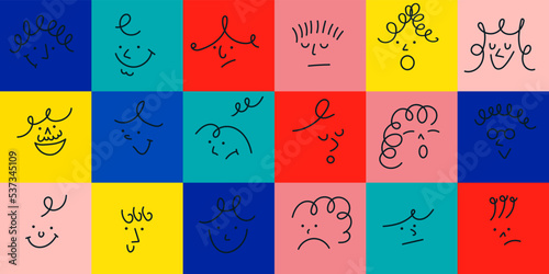 Emoticons with different mood icon set. Cartoon funny colorful face of characters expressing emotions. Comic heads symbol in line style collection vector illustration. Different avatar in doodle drawn