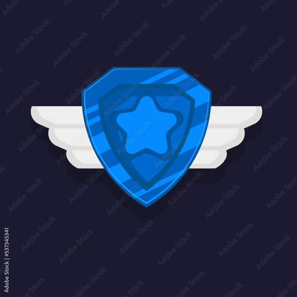 Game achievement badge or rank icon cartoon. Blue award or medal reward. Level up coin with star and element for ui asset. Trophy symbol vector illustration Game achievement badge or rank icon cartoon. Blue award or medal reward. Level up coin with star and element for ui asset. Trophy symbol vector illustration