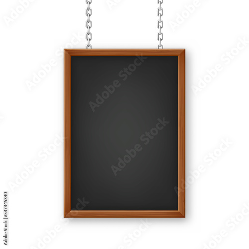 Signboard in a wooden frame hanging on a metal chain. Restaurant menu board. School chalkboard, writing surface for text or drawing. Blank advertising or presentation board. Vector illustration