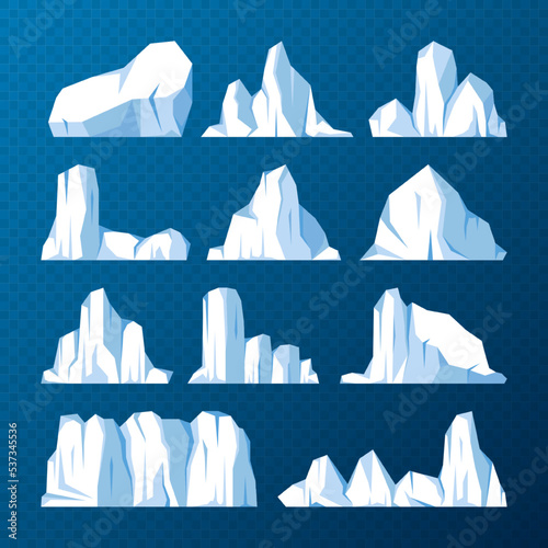 Floating icebergs collection. Drifting arctic glacier, block of frozen ocean water. Icy mountains with snow. Melting ice peak. Antarctic snowy landscape. South and North Pole. Vector illustration.