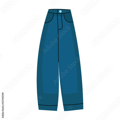 Denim pants jeans . Fashionable clothes for women. Casual blue textile apparel and attire factory trousers with patches and pocket. Fashion vector illustration concept