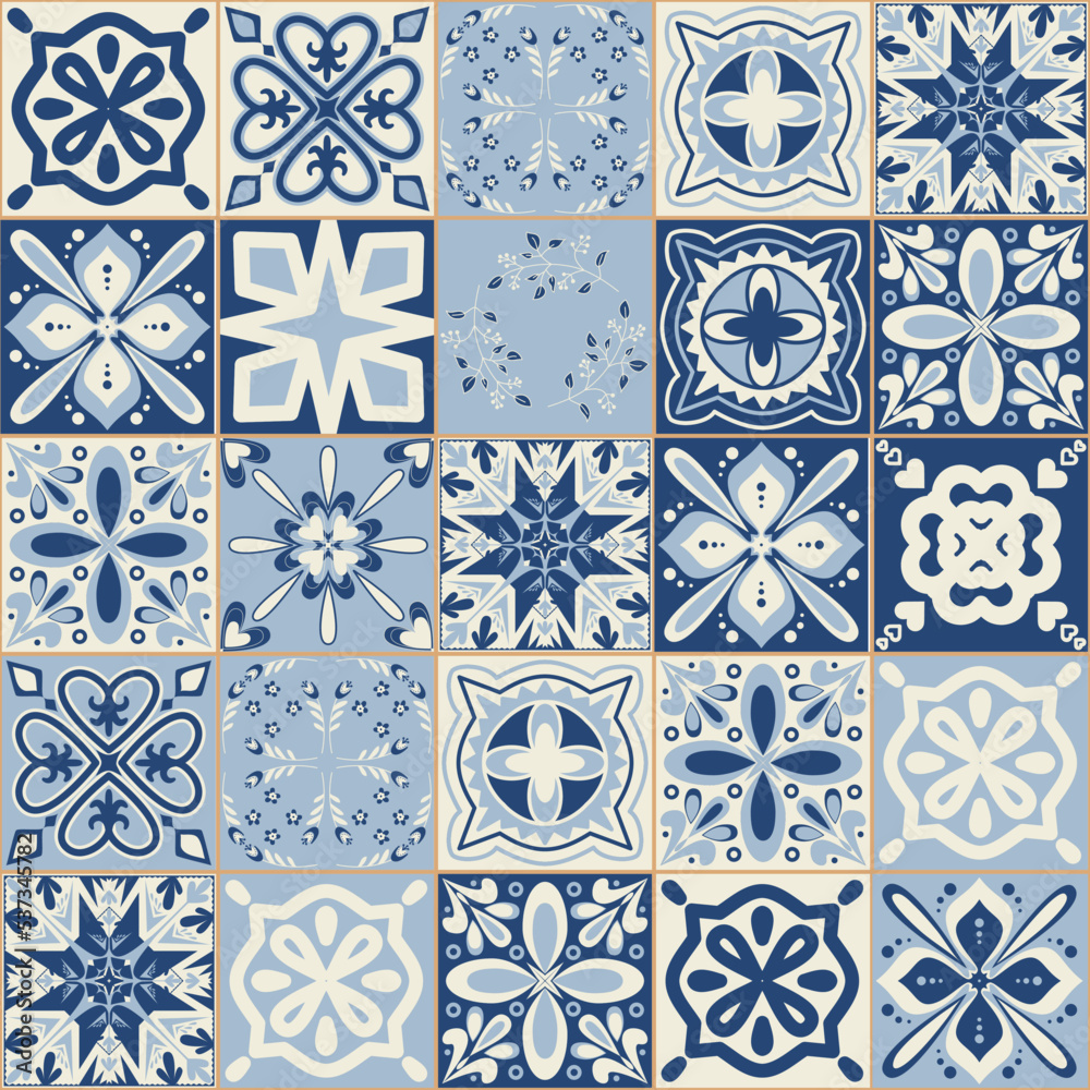 Spanish portuguese tile in blue color, vintage traditional pattern on square mosaic, vector illustration