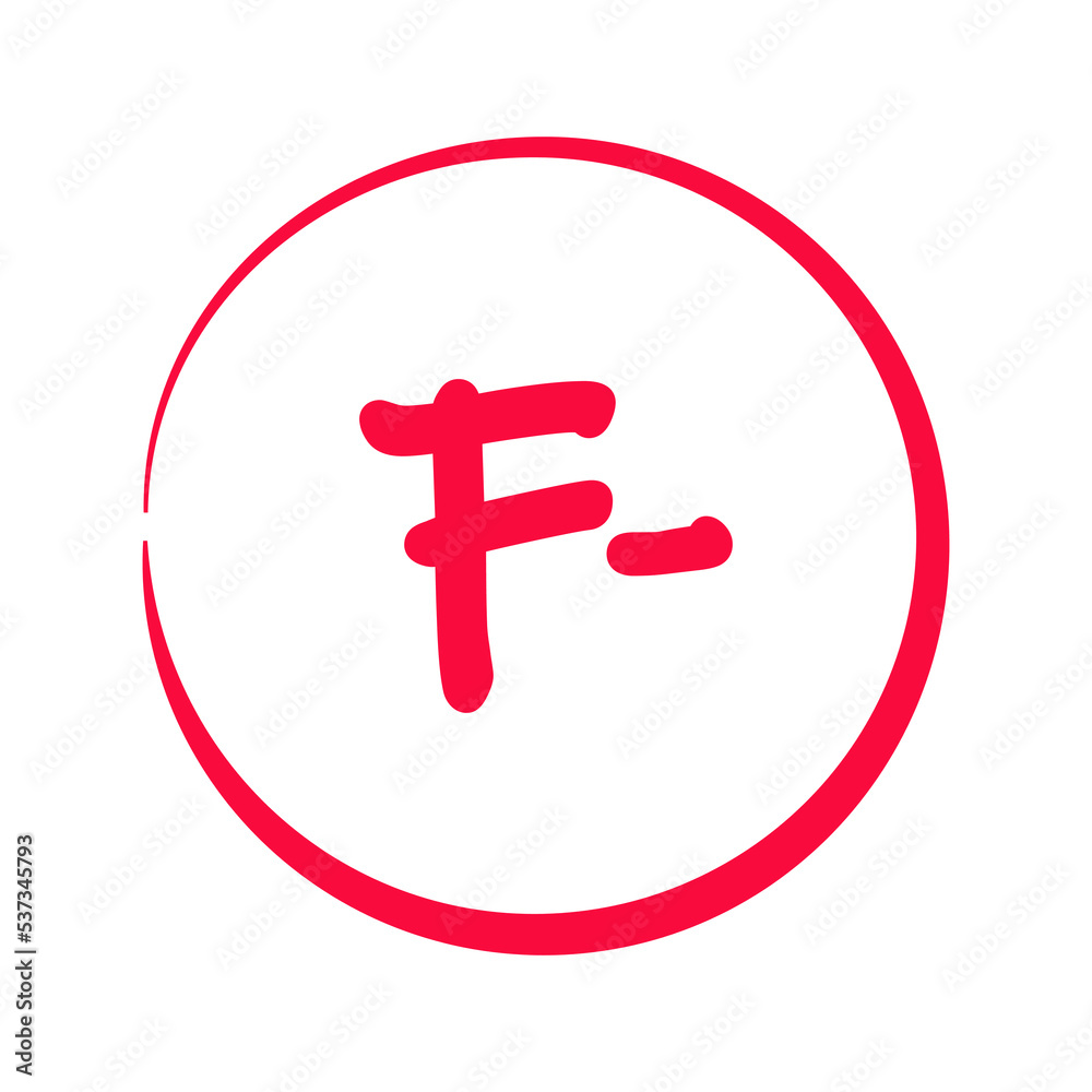 Grading system F . Grades for school with minus sign. Exam result written in red pen. Icon for student and education marker evaluation. Study score scribble Grading system F . Grades for school with minus sign. Exam result written in red pen. Icon for student and education marker evaluation. Study score scribble