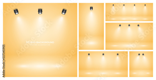 Empty yellow studio abstract backgrounds with spotlights. Product showcase backdrop with spotlight effect. Stage lighting. Vector illustration