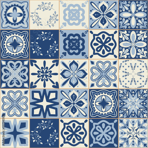 Spanish traditional blue ceramic symmetrical pattern square tiles for kitchen and bathroom decoration