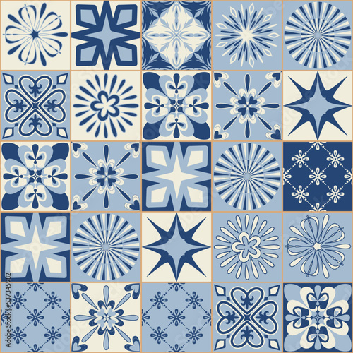 Spanish traditional blue ceramic symmetrical pattern square tiles for kitchen and bathroom decoration