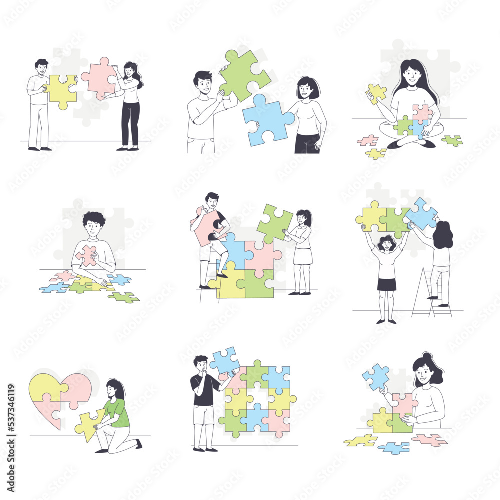 People Assembling Jigsaw Puzzle Connecting Mosaiced Pieces Together Vector Set