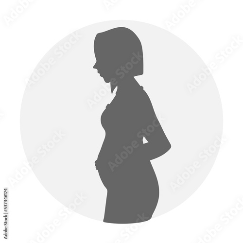 Pregnant woman shadow silhouette holding her belly. Flat vector illustration isolated on white background in circle. Bob hairstyle. Motherhood, pregnancy concept