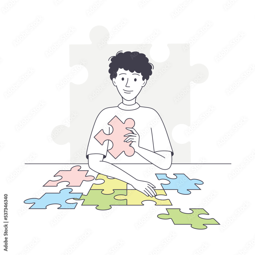 Man Assembling Jigsaw Puzzle Connecting Mosaiced Pieces Together Vector Illustration Man Assembling Jigsaw Puzzle Connecting Mosaiced Pieces Together Vector Illustration